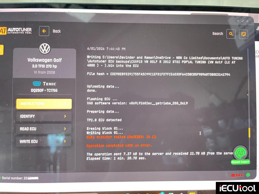 autotuner failed to write vw dq250f gearbox 1